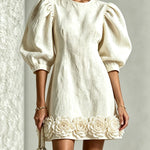 White 3D Floral Puff-Sleeve Cotton-Linen Mini Dress