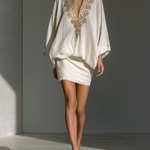 White V Neck Loose Elegant Mini Skirt Set