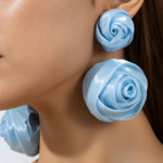 Light Blue Double Satin Rose Statement Drop Earrings