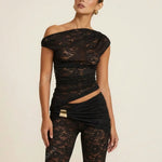 Black Lace Asymmetrical Shoulder Crop Top Flare Leg Pants Set