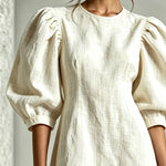 White 3D Floral Puff-Sleeve Cotton-Linen Mini Dress