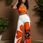 Floral Print One Shoulder Crop Top  Wide Leg Pants Set