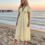 Yellow Gingham Print Puff Sleeve V-Neck Midi Dress