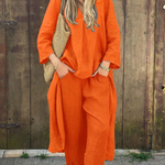 Linen Irregular Loose V-neck Top and High-Waisted Pocket Wide-leg Pants Set