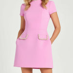 Pink Exquisite And Playful Pearl Trim Pocket Mini Dress