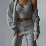 🔥(Limited 2 Days & Lowest Price) Chic V-neck Knitted Three-piece Set Crop Vest and Sweater Cardigan & Solid Wide Leg Pants