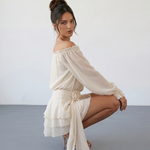 Beige Off-Shoulder Balloon Sleeve Ruffled with Floral Sash Mini Dress