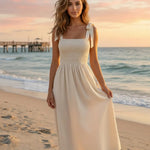 Beige Smocked Bodice Textured Fit and Flare Midi Dress