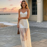 Elegant White Satin  V-Neck Sheer Lace Trim Maxi Dress