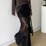 Black Lace High Waist Flared Mermaid Floor Length Maxi Skirt