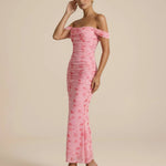 Floral Print Off-Shoulder Ruched Mesh Mermaid Maxi Dress