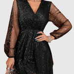 CHLOELINE | SEQUINED V-NECK LANTERN SLEEVE MESH DRESS