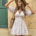 White Floral Print Lace Trim Puff Sleeve Mini Dress
