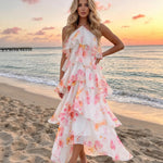White Floral Vacation Tiered Ruffled Relaxed Maxi Dress