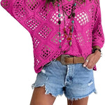 Bohemian V-neck Diamond-patterned Openwork Batwing Sleeve Knit Top