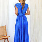 Elegant Satin Pleated V-neck Flowing Midi Dress