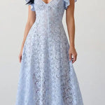 Sky Blue Floral Lace Fitted Waist Midi Dress
