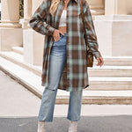Zeagoo Plaid Longline Button-Up Shacket Lapel Neck Long Sleeve Shirt Pocket