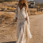 Apricot Lace V-neck Bell Sleeve Bohemian Maxi Dress