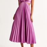 V Neck Cut Out Waist Sleeveless Pleated Maxi Dress