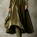Vintage Olive Green Zip-Front Velvet Maxi Dress (Belt Included)