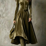 Vintage Olive Green Zip-Front Velvet Maxi Dress (Belt Included)