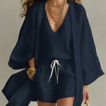 White Loose Cardigan And Drawstring Shorts Three-piece Set