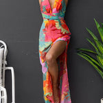 V Neck Sleeveless Tie Back Slit Floral Print Maxi Dress