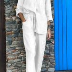 Casual Solid Color V-Neck Shirt & Pants Cotton Linen Two-Piece Set