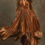 SERAFINA | RETRO OVERSIZED SKIRT LONG DRESS WITH DEEP V-NECK