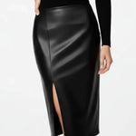 Black Leather Side-Slit Pencil Midi Skirt