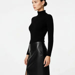 Black Leather Side-Slit Pencil Midi Skirt