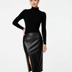 Black Leather Side-Slit Pencil Midi Skirt