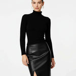 Black Leather Side-Slit Pencil Midi Skirt