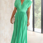 Elegant Satin Pleated V-neck Flowing Midi Dress