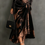Velvet Wrap Collared Long Sleeve Abstract Print Tie Waist Asymmetrical Hem  Midi Dress
