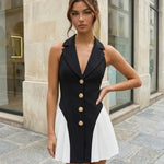 Black White Contrast Blazer Halter Neck Gold Button Pleated Mini Party Dress