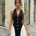 Black White Contrast Blazer Halter Neck Gold Button Pleated Mini Party Dress