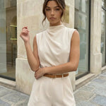 Beige Draped High Neck Sleeveless Top Tailored Shorts Casual Set