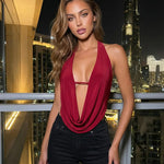 Burgundy Satin Halter Neck Cowl Front Cutout Crop Top