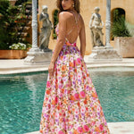 Pink Cut Out Floral Print Chiffon Slim Fit Maxi Dress