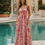 Pink Cut Out Floral Print Chiffon Slim Fit Maxi Dress