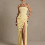Elegant Corset Back Strapless Draped Side Slit Maxi Dress