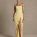 Elegant Corset Back Strapless Draped Side Slit Maxi Dress