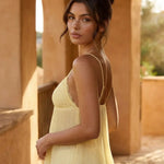 Yellow Lace Trim Pleated Spaghetti Strap Babydoll Vacation Cropped Top