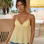 Yellow Lace Trim Pleated Spaghetti Strap Babydoll Vacation Cropped Top