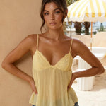 Yellow Lace Trim Pleated Spaghetti Strap Babydoll Vacation Cropped Top
