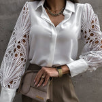 Zeagoo Elegant Lace V-NeckShirt Solid Color Hollow Out Long Sleeve Patchwork Blouse