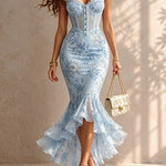 Blue Romantic Floral Midi Mermaid Dress with Lace Trim