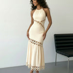 Cream Halter Neck  Crochet Ring Detail Maxi Dress